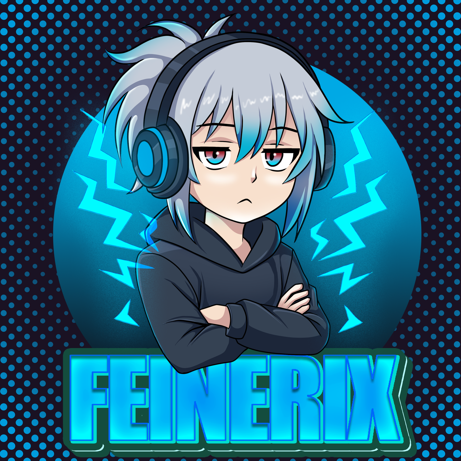 Feinerix anime streamer avatar with headphones, arms crossed, blue lightning background