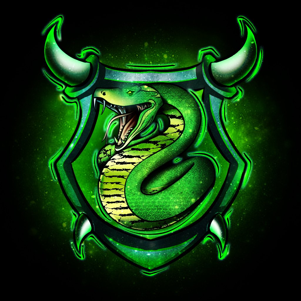 Coiled cobra inside a horned shield crest, glowing green