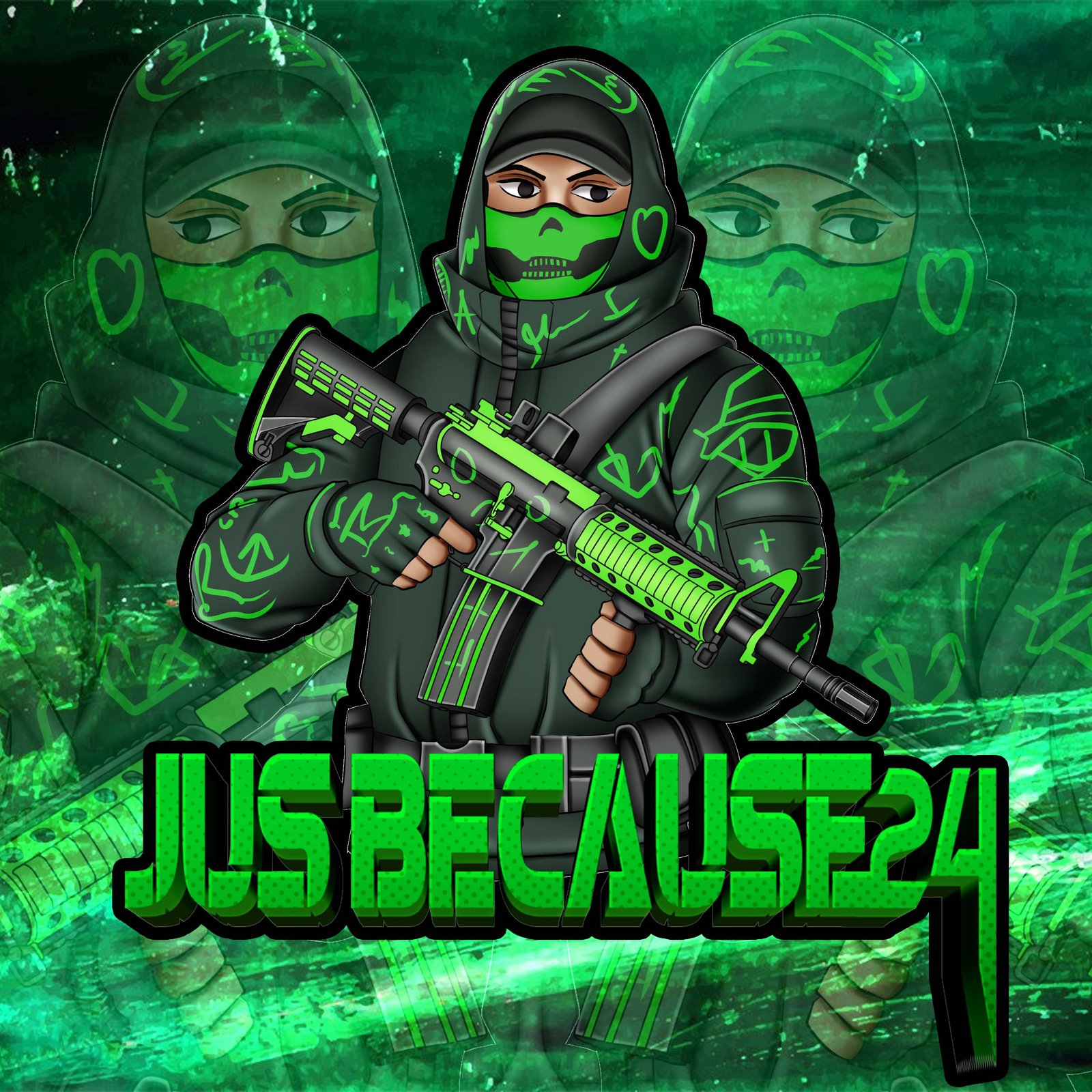 Jusbecause24 logo, masked operator holding a rifle above the Jusbecause24 wordmark