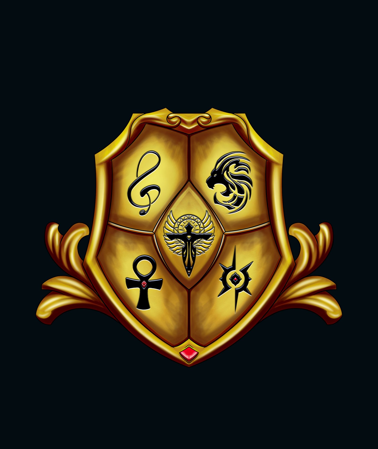 Gold five-panel heraldic crest with treble clef, lion, wings, ankh, and star symbols