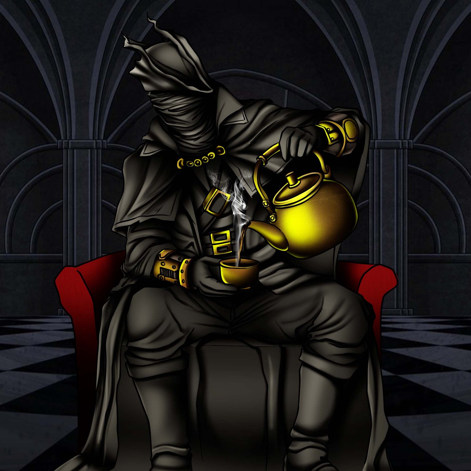 Hooded robed figure pouring tea from a gold kettle in a gothic hall