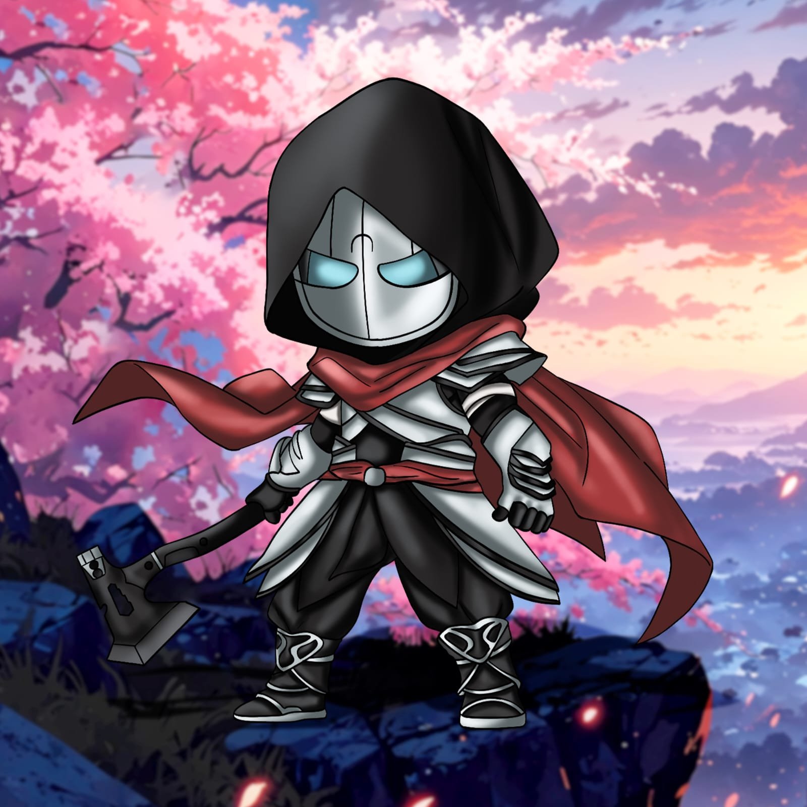 Digital characters featuring hooded masked character.