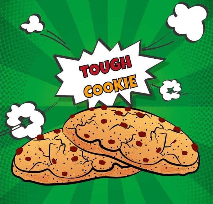 Digital business artwork featuring comic-style cookie product graphic.