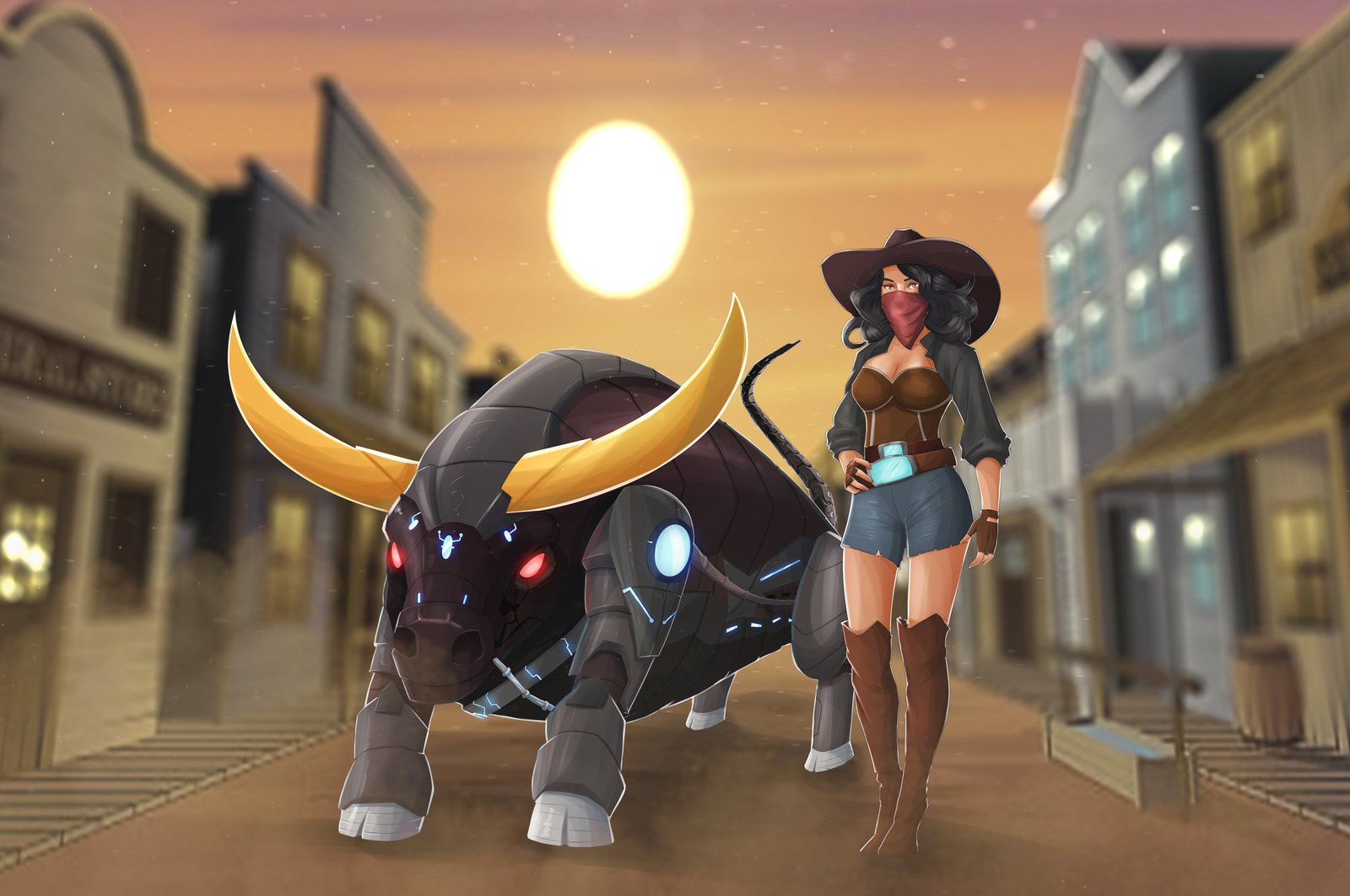 Digital characters featuring robot bull with girl.