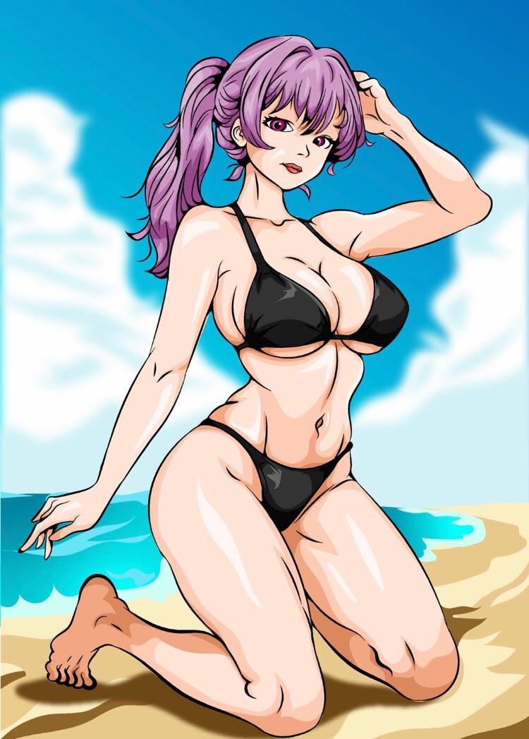 Digital characters featuring anime beach character.