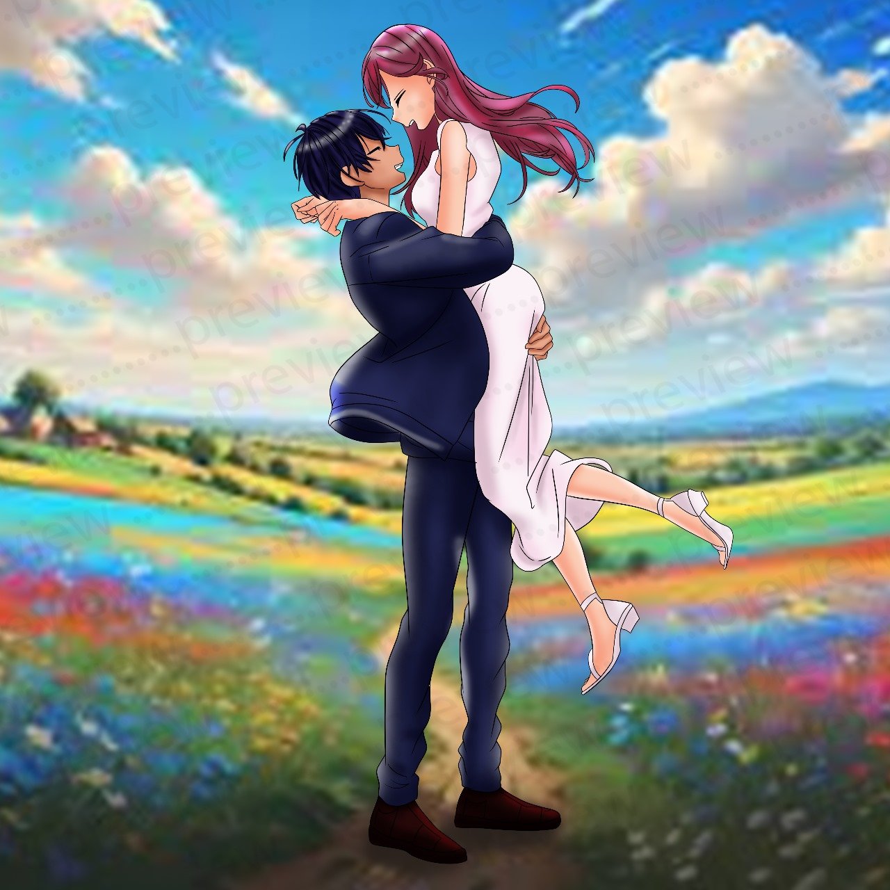 Digital illustration featuring romantic embrace in a landscape.