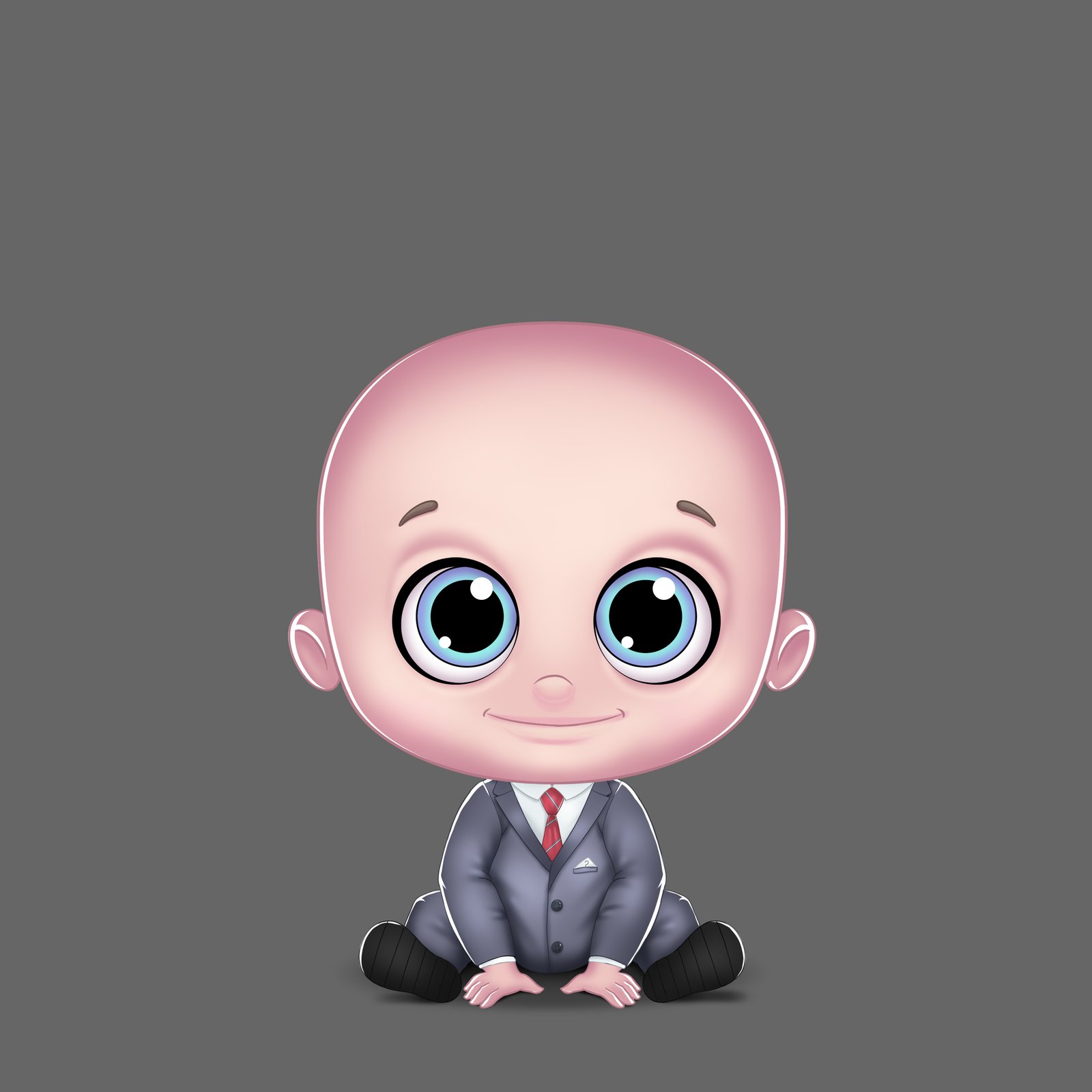 Digital 3d art featuring 3D seated baby character in suit.