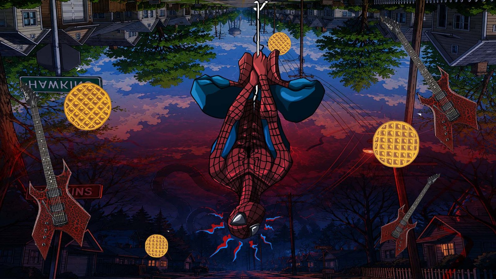 Web-slinger fan art banner, hero hanging upside down over a storm-lit town