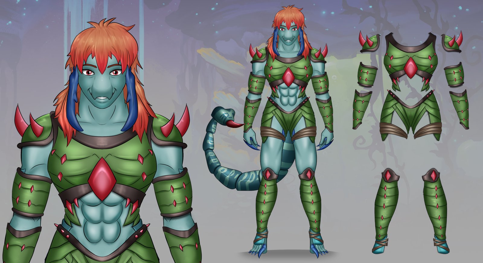 Digital characters featuring huminoid creature character sheet.