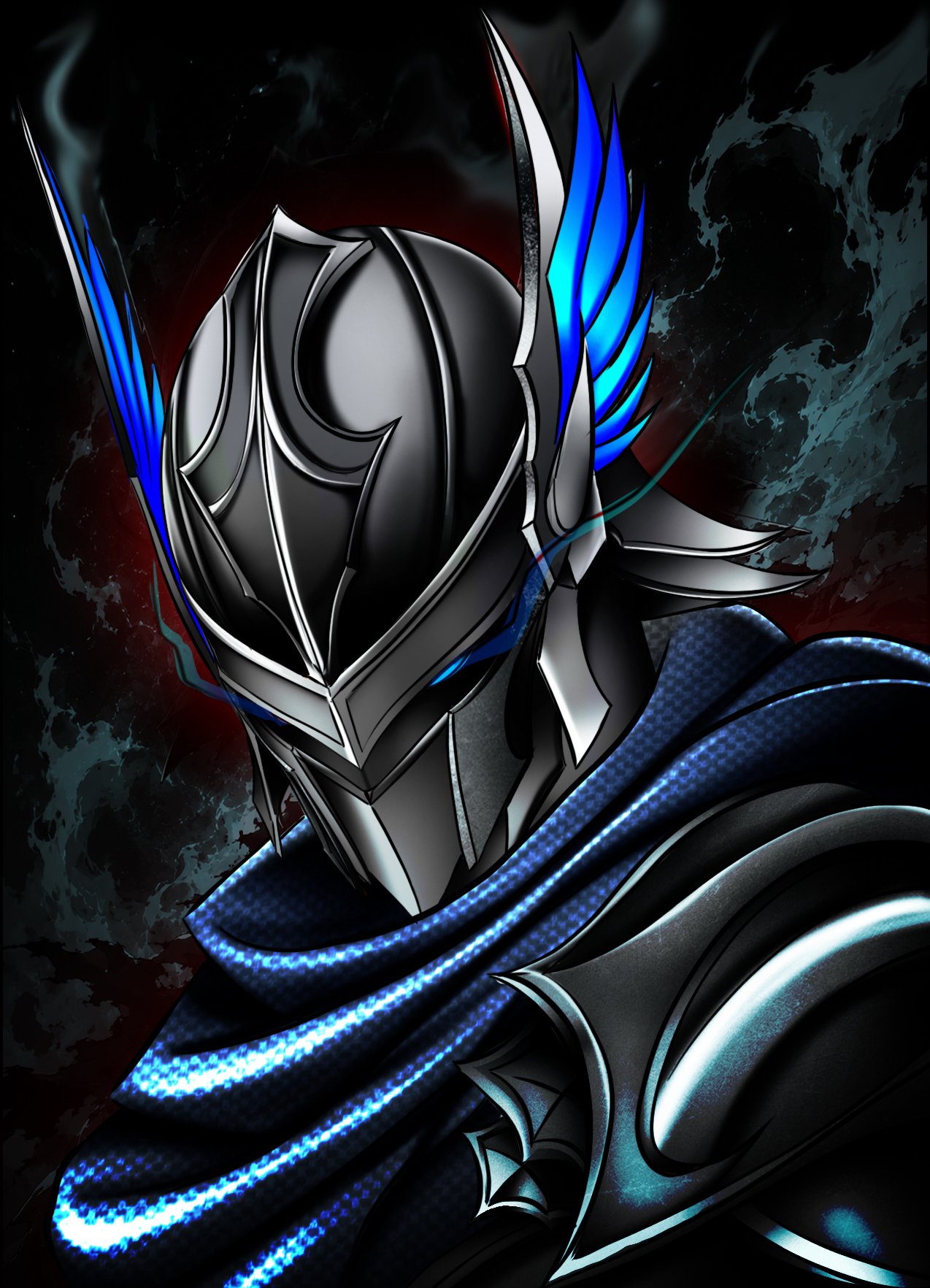 Armored dragon-horned knight helmet portrait against a starfield